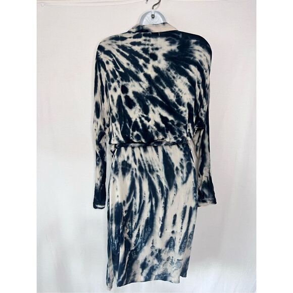 YFB long sleeve navy blue tie dye collared wrap dress boho mini sz small - Picture 7 of 8